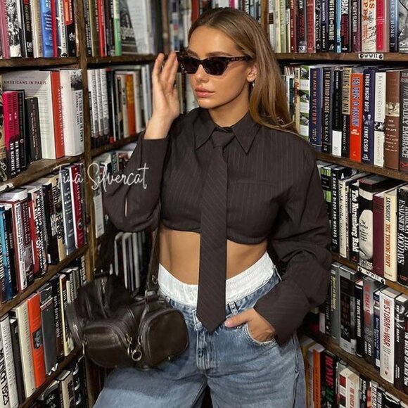 BLOGGER'S FAVE! Zara Striped Crop Shirt With Necktie NWT - Picture 11 of 16